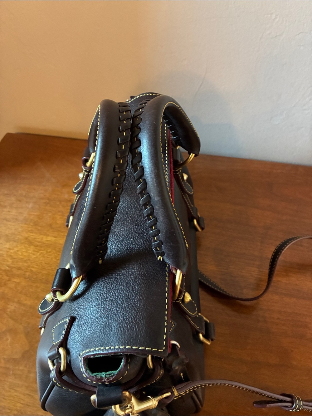 Dooney & Bourke Dark Brown Leather crossbody Satchel with Maroon Accent - Picture 4 of 7
